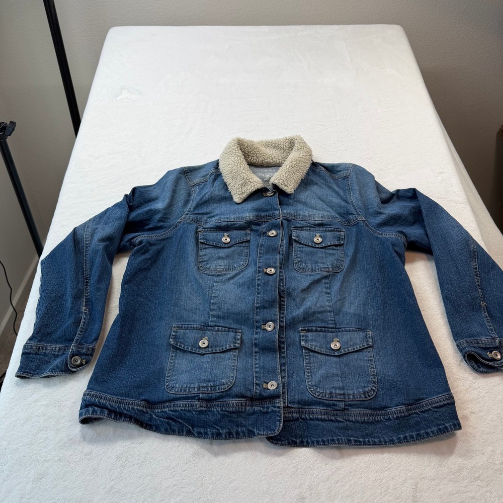 Denim Jacket Womens 1X Blue Good Sherpa Collar Stretch Truckera